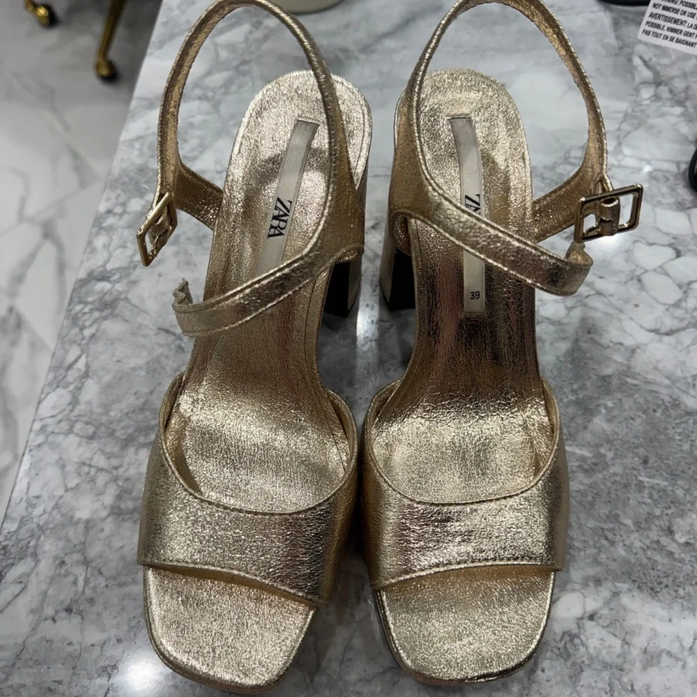 Zara Metallic Gold Block Heel Sandals - Picture 2 of 9